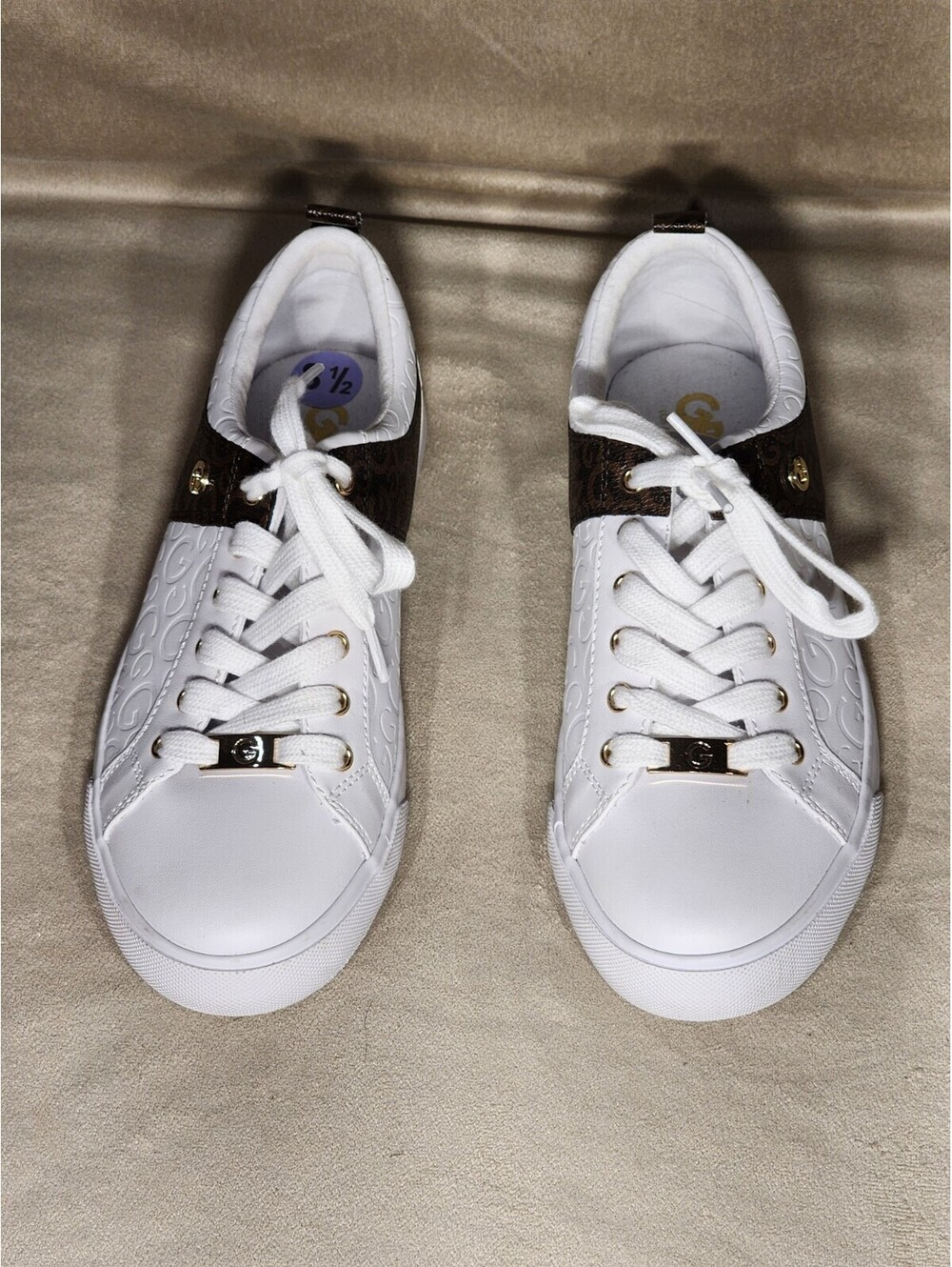 GBG Los Angeles Women's White Brown Gold Logo Lace Up Sneakers Metallic Embossed